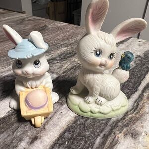2 vintage porcelain White Bunny Figurines